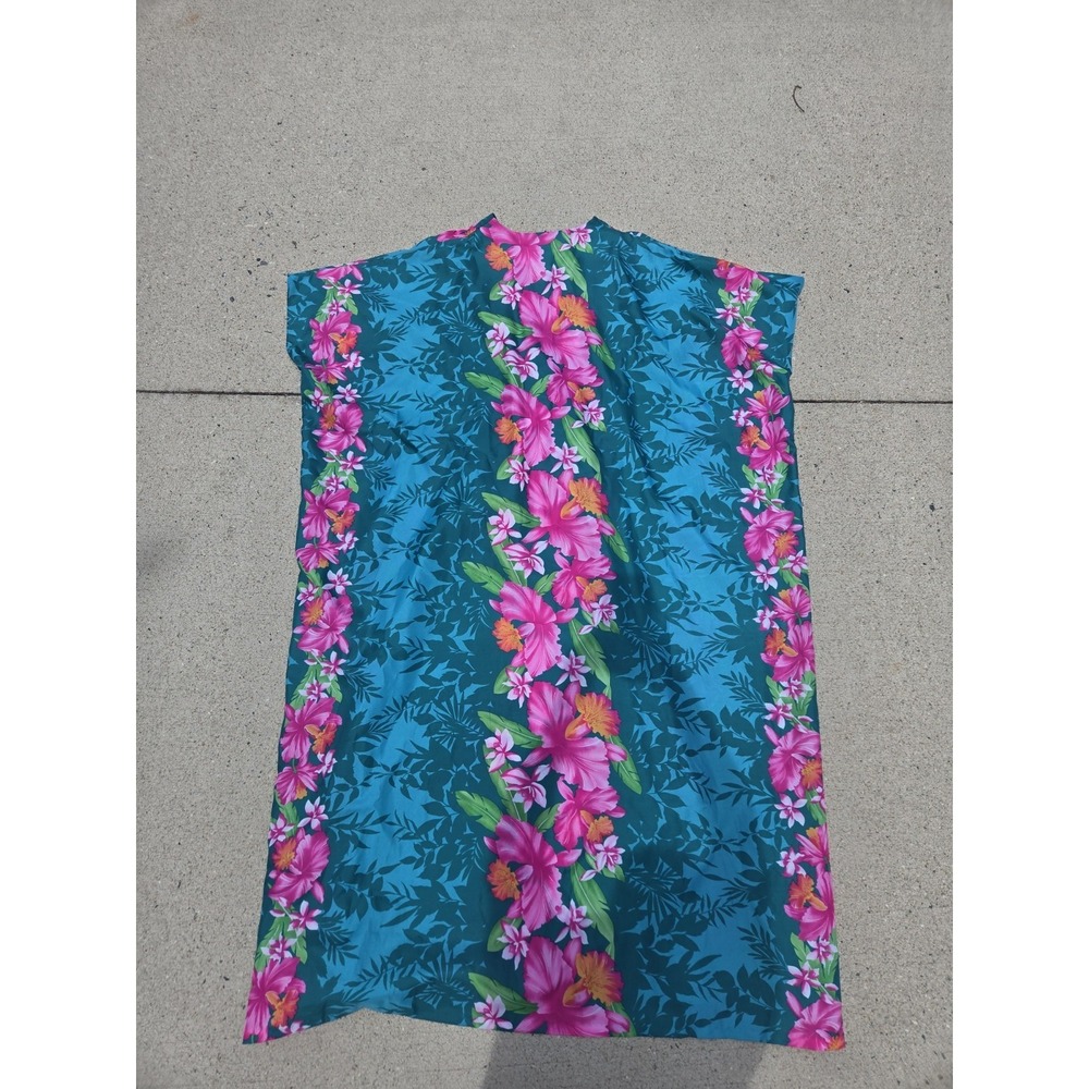 Vintage 80s Royal Creations Hawaiian Teal Orchid Floral Muumuu Dress Tiki O/S - Picture 5 of 5